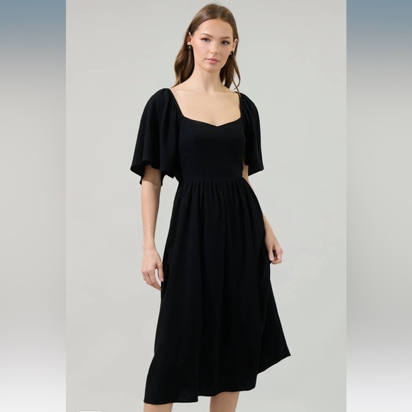 SugarLips Saint Tropez Cassia Tie Back Linen Midi Dress in black linen summer - Picture 3 of 14